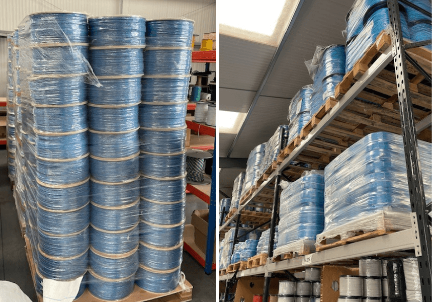 Blue polypropylene stocked in the RopesDirect warehouse