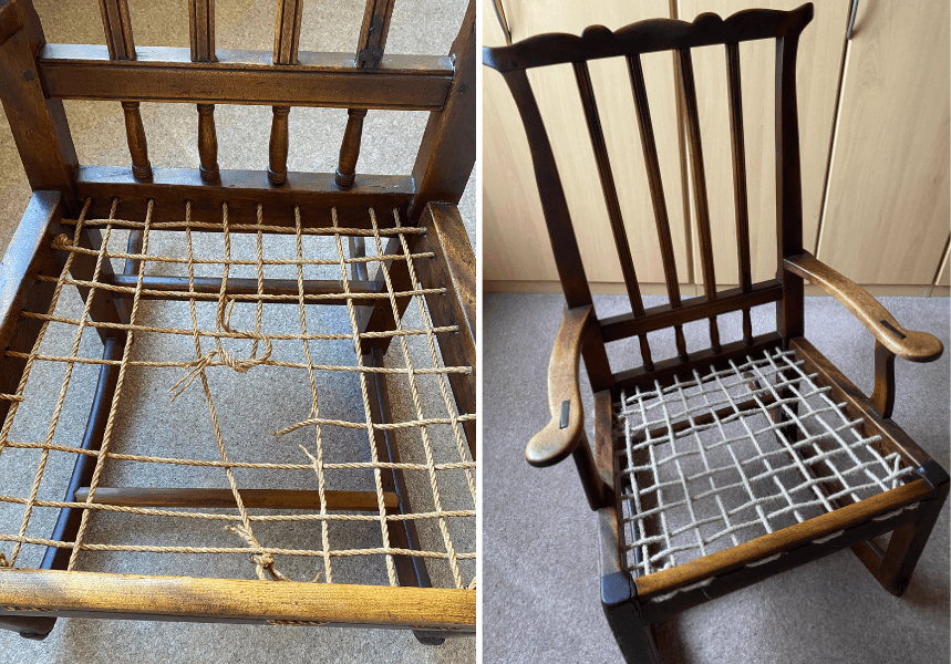 Chair repaired using flax hemp from RopesDirect