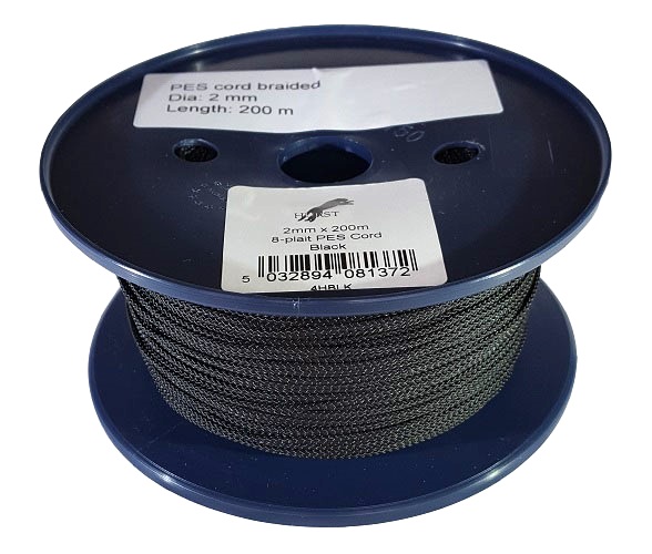 2mm Black 8-plait Polyester Cord - 200m Reel